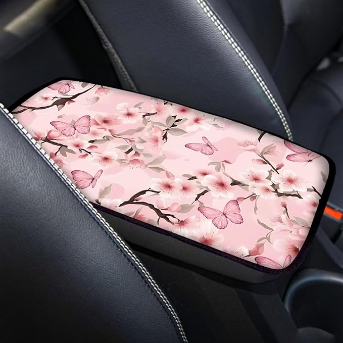 Cherry Blossom Butterfly Soft Armrest Seat Box Cover Car Armrest Cushion Car Decor Protective Car Accessories Fit for Most Cars, Vehicles, SUVs