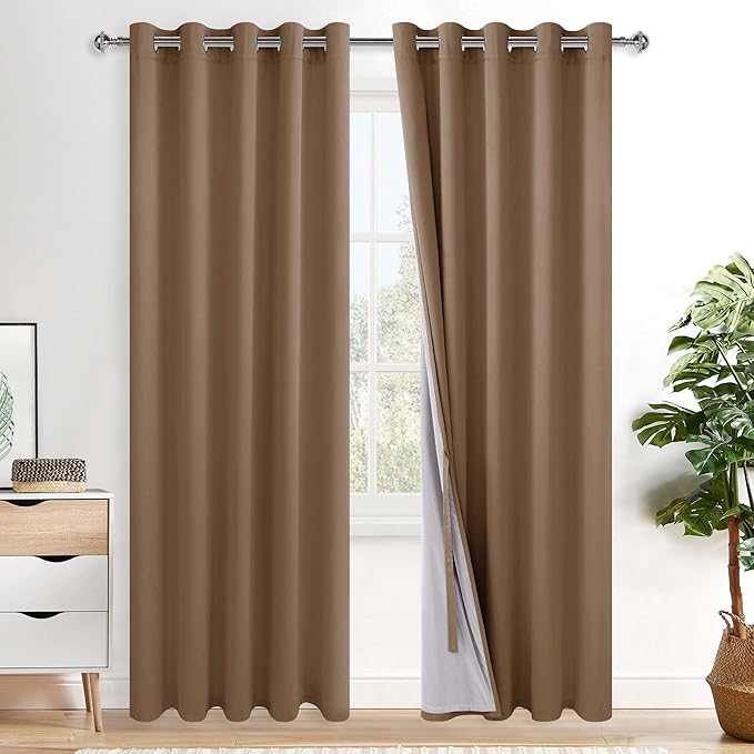 XWZO 100% Blackout Curtains 2 Panels with Tiebacks- Extra Wide Heat and Full Light Blocking Window Treatment with Grommets for Bedroom/Nursery, Cappuccino, W60 x L84 Inches Long, Set of 2