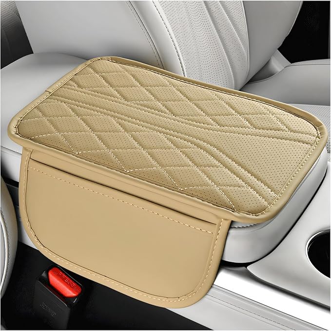 Car Center Console Cover, Leather Auto Armrest Cushion Pad with Two Storage Pockets, Waterproof Arm Rest Box Mat Protective Cover for Sedan SUV Truck, Car Accessories (Beige)