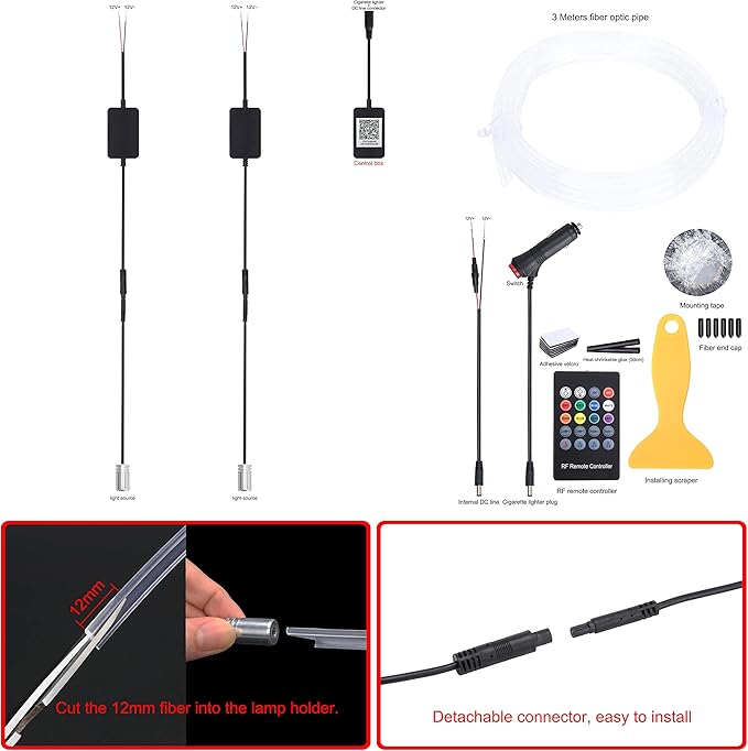 Car Interior Ambient Lighting Optic Fiber RGB 64 Colors Multicoloured Music Car Footwell Lighting Kit with Cigarette Lighter and App Microphone, DC 12V-24V 1W 3m