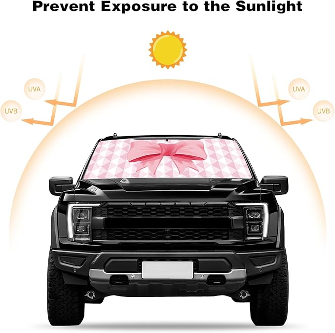 Car Windshield Sun Shade, Cute Bow Sun Visor - Wear-Resistant Black Tape, Foldable 59'x27.5'/63''x31.5''