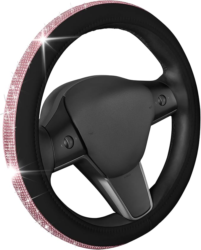 Carbella Leatherette Crystal Bling Steering Wheel Cover for Car SUV, Glitter Sparkle Rhinestone Cute Car Accessories for Women Universal Fit Standard Size (Fits 14.5"-15") - Black w/Pink Bling
