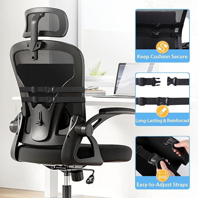 Large Lumbar Support Pillow for Office Chair, Car Seats and Home Desks, Ergonomic Back Support with Double Adjustable Straps, Machine Washable Cover, Black