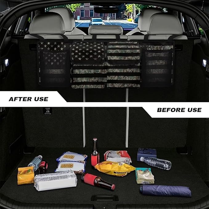 Patriotic Car Backseat Trunk Hanging Organizer for Men Suv Trunk Organizer Green Camo American Flag Cargo Storage Bag,4 Compartments