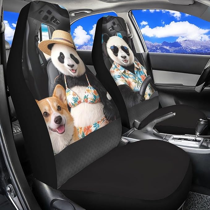 Panda Front Car Seat Cover Nonslip Auto Interior Accessories 2 Pcs Set Stretch Polyester Fabric Cover All-Season Protection Universal Fit for Most Cars SUV and Sedan