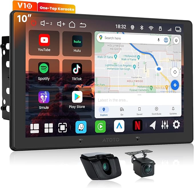 V10 10” QLED Android Double DIN Car Stereo with Car Karaoke, Pro DSP 4V Pre-Out, HDMI Out, aptX HD Bluetoth, 4G LTE, Wireless CarPlay & Android Auto, with 1080P Front Dash Cam & Backup Cam