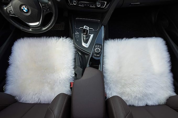 Winter Warmth: Universal Sheepskin Seat Cushion Cover - Natural Wool, for Cars, Trucks, SUVs & Vans - Cozy & Stylish Driving Companion Front White