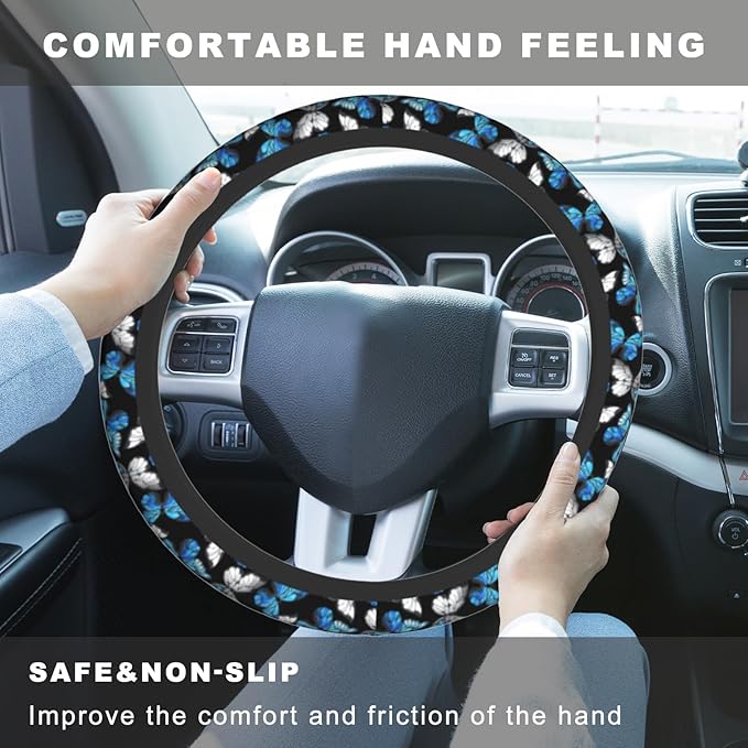 Blue Black Butterfly Steering Wheel Cover, Cute Butterflies Anti-Slip Breathable Car Accessories Interior Elastic Steering Wheel Cover for Men Women Fit Auto, SUV Vans Truck Universal 14.5-15 Inch