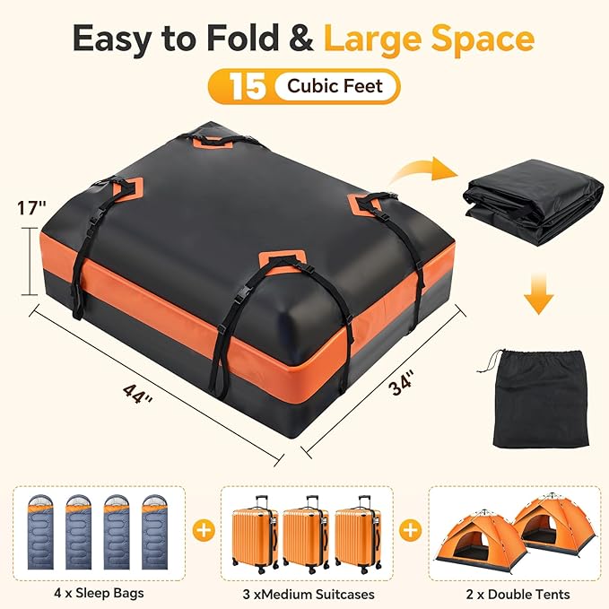 NEWBULIG Car Rooftop Cargo Carrier Bag, 15 Cubic Feet Duty Waterproof Bag for All Vehicles with/Without Racks. Includes Anti-Slip Mat, Reinforced Straps, 6 Door Hooks, Storage Bag & Luggage Lock.