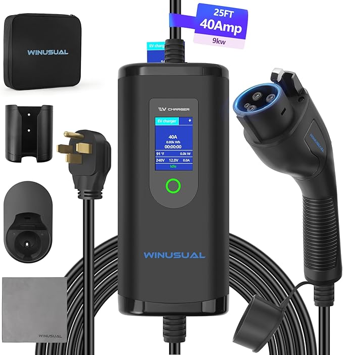 Portable Level 2 EV Charger, Adjustable 40A Electric Car Charger J1772, 240V NEMA 14-50 Plug EVSE Home Charging Station with 25ft Cable and Carry Bag