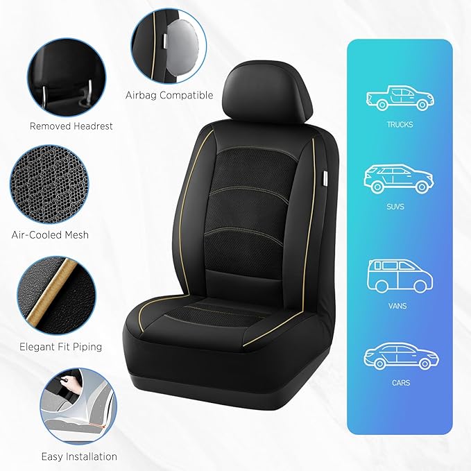 Road Comforts Car Seat Covers, Leather Front Seat Covers with Piping, Air-Cool Mesh Designed, Airbag Compatible Automotive Seat Covers for Most Car, Truck, Van, SUV - Black with Beige Piping