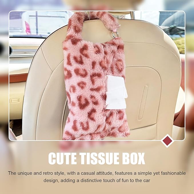 Leopard Print Car Tissue Bag, Cute Plush Hanging Tissue Holder, Multi-Functional Car Backseat Hanging Storage Bag, Universal for Small-Size Tissues (Pink)