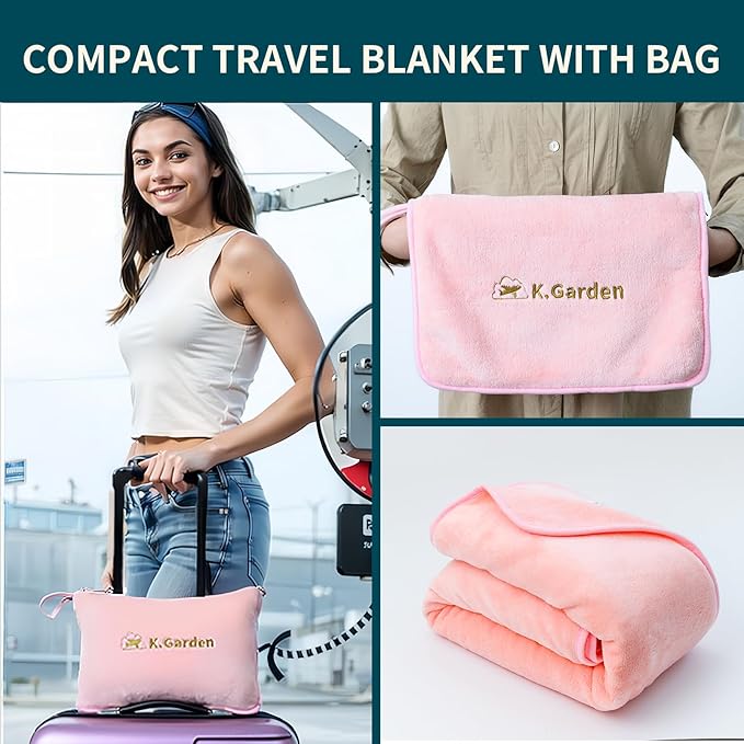 K.Garden Travel Cooling Blanket and Pillow- Soft 2 in 1 Airplane Compact Flight Essentials Car Pillow Travelers Gifts Accessories Compact Pack Blanket for Any Travel with Luggage Backpack Strap,Pink