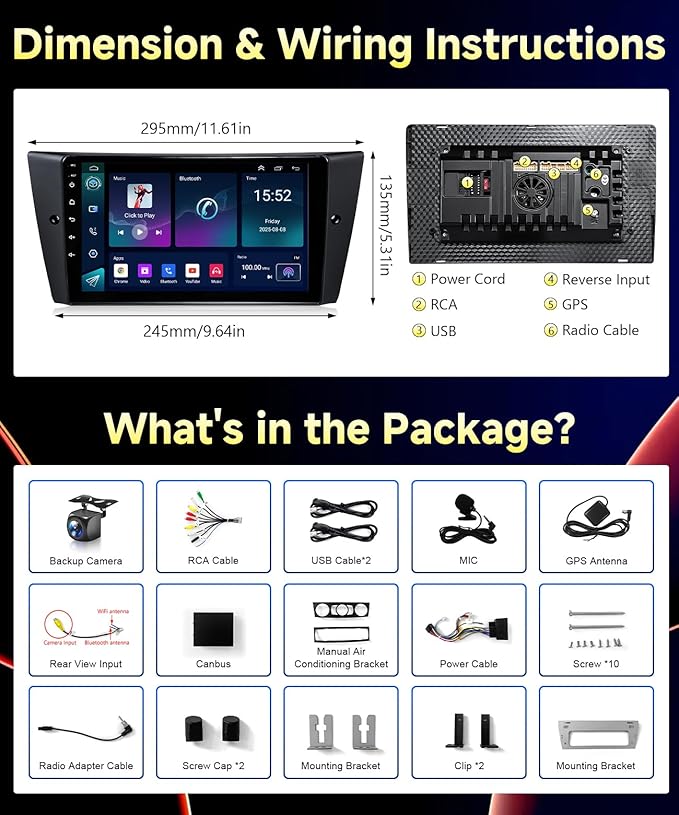 VQU 4G+64G Car Radio for BMW 3 Series 328i 335i 325i 2005-2011 Apple CarPlay Android Auto, 9 Inch IPS Touchscreen for 128i Stereo for BMW E90/E91/E92/E93 GPS Navi FM DSP SWC BT Rear Camera, No Fiber