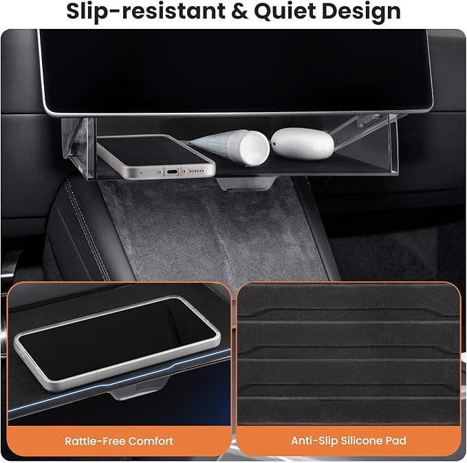 Under Screen Storage Box for Tesla Model Y Juniper 2025 26, Magnetic Hideable Center Console Organizer Tray for Tesla Model 3 Highland 2024 25, with Anti-Slip Silicone Pad, New Model Y 3 Accessories