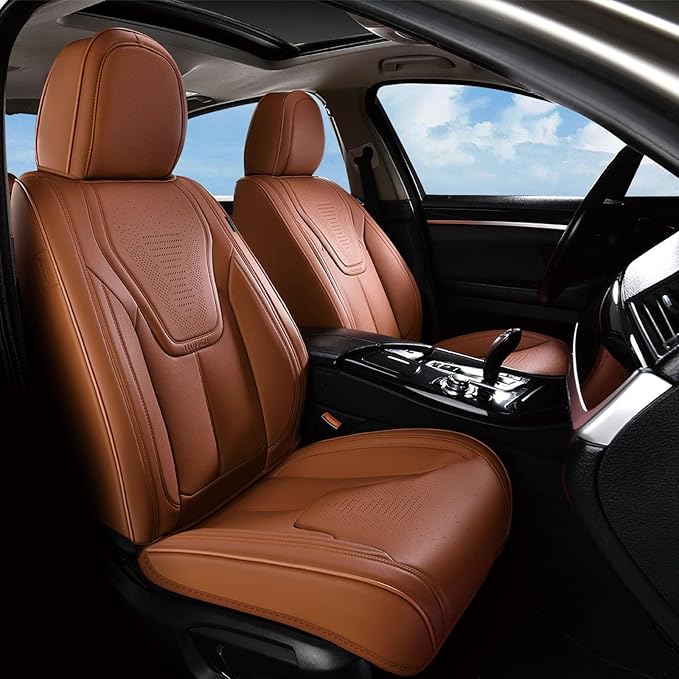 FLORICH Car Seat Covers Front Seats, Luxury Waterproof Faux Leather Seat Covers Cushion, Car Seat Protectors Universal Fit for Most 5 Seats Vehicles - Brown
