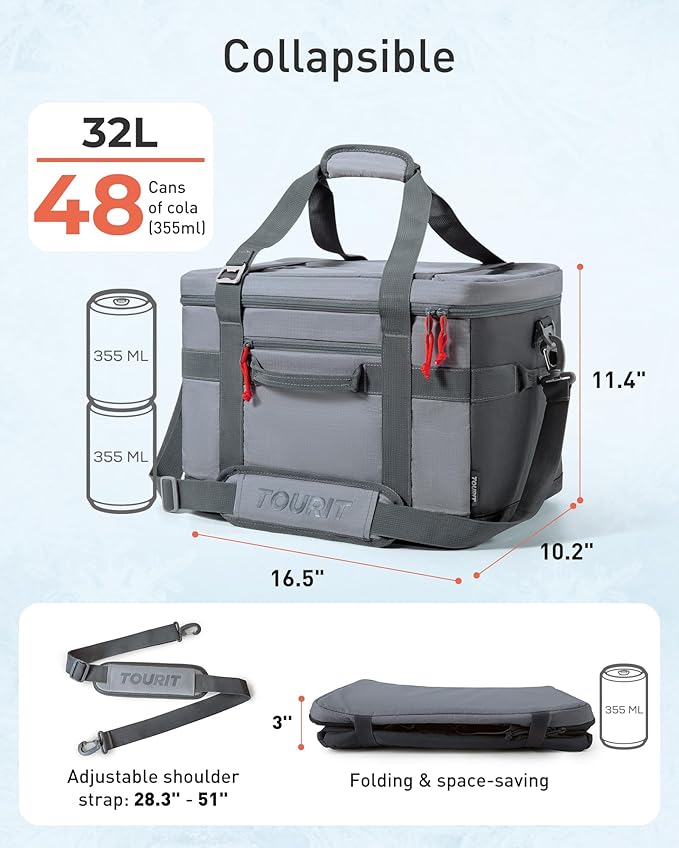 TOURIT Soft Sided Cooler Bag Insulated 48/60 Cans, Large Collapsible & Leakproof Ice Chest for Picnic, Beach, Camping, Travel