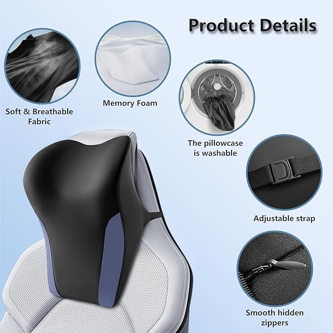 BABUR Car Headrest Pillow | Ergonomic Memory Foam Neck Shoulder Support Pillow with Adjustable Design & Enlarged Surface | Pain Relief for Driving Travel Sleeping | Blue 1 Pack
