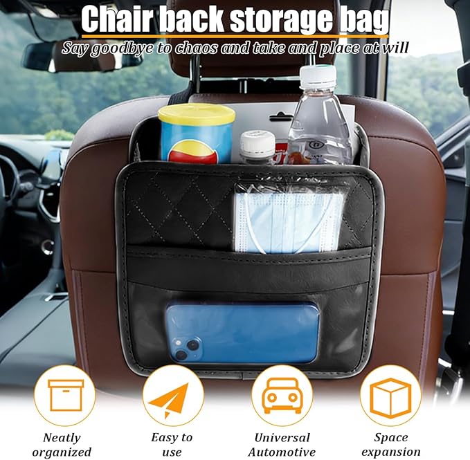 Car Seat Back Organizer, Leather Multipurpose Automotive Hanging Storage Bag Pockets, Vehicle Interior Backseat Trash Bag Can Organizer Accessories, Universal for Most Cars (Black)