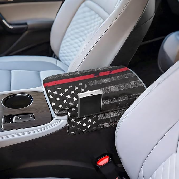 Tupalatus Firefighter Flag Car Center Console Cover Non-Slip Armrest Cushion Cover Pad Easy Installation Car Armrest Seat Box Covers with Storage Pockets for Cars Trucks and SUVs