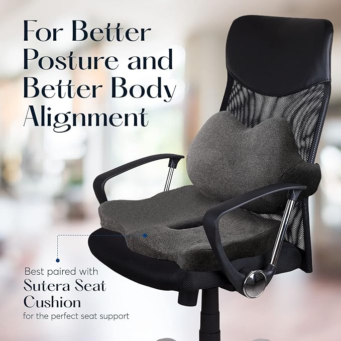 SUTERA Low Back Pillow - Proper Posture Lumbar Support Pillow for Office Chair or Car Seat for Back Support, Superior Memory Foam Cushion for Back Pain Relief from Sitting (18.3x11.3x6.9 inches)