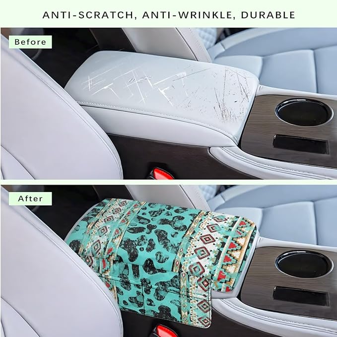 Wanyint Aztec Cow Print Teal Auto Center Console Armrest Cover Arm Rest Seat Box Protective Cover with Side Storage Pockets Comfortable Middle Console Pad for Car Side Storage Box