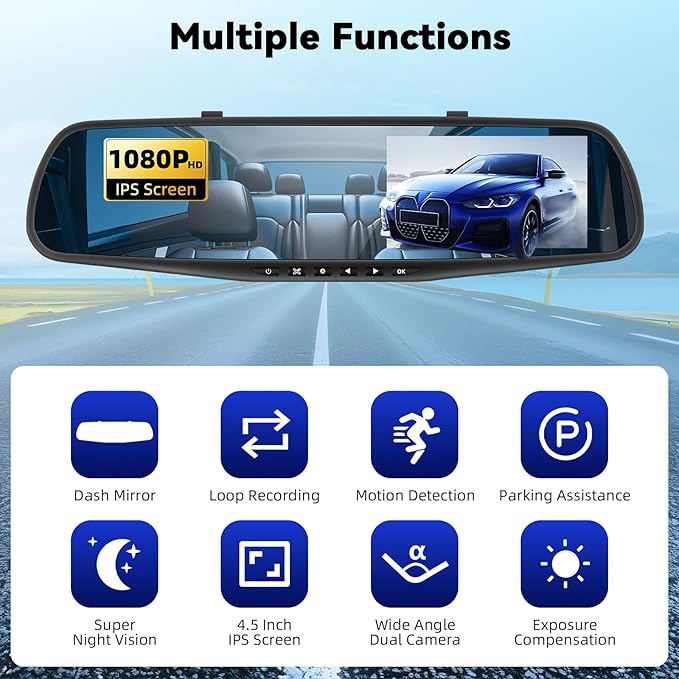 Mirror Dash Cam 4.5 Inch Rear View Mirror Camera 1080P Front and 480P Rear View Dual Cameras with 32G Card, Motion Detection, Night Vision, Parking Assistance, Loop Recording，Exposure Adjustment
