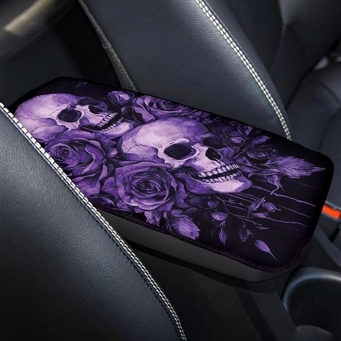Dreaweet Purple Rose and Skull Print Center Console Cover Goth Car Accessories Middle Console Covers for SUV Sedan Non Slip Anti Scratch Arm Rest for Car Armrest Storage Box Mat