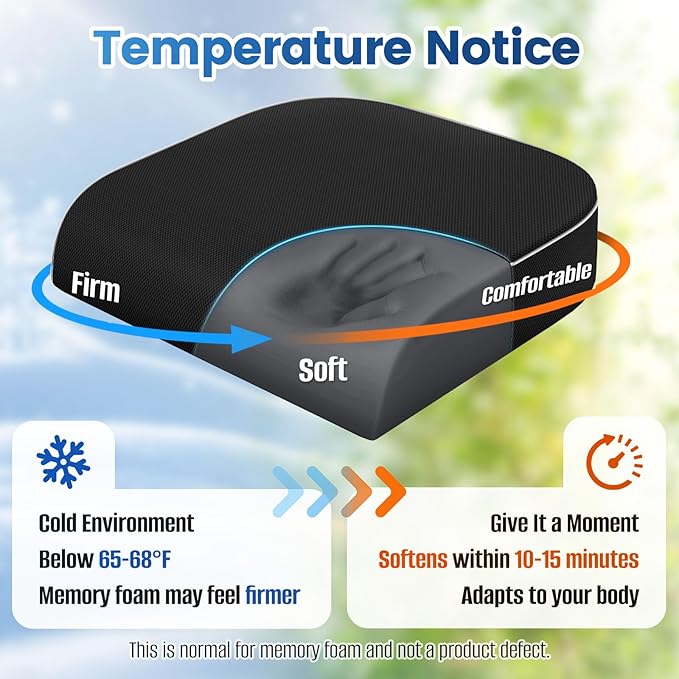 Seat Cushion for Tailbone Pain Relief, Office Chair Cushion, Memory Foam Large Chair Cushion with Non-Slip Cover for Soft Support at Office Chair, Car Seat, Airplane Black/Large