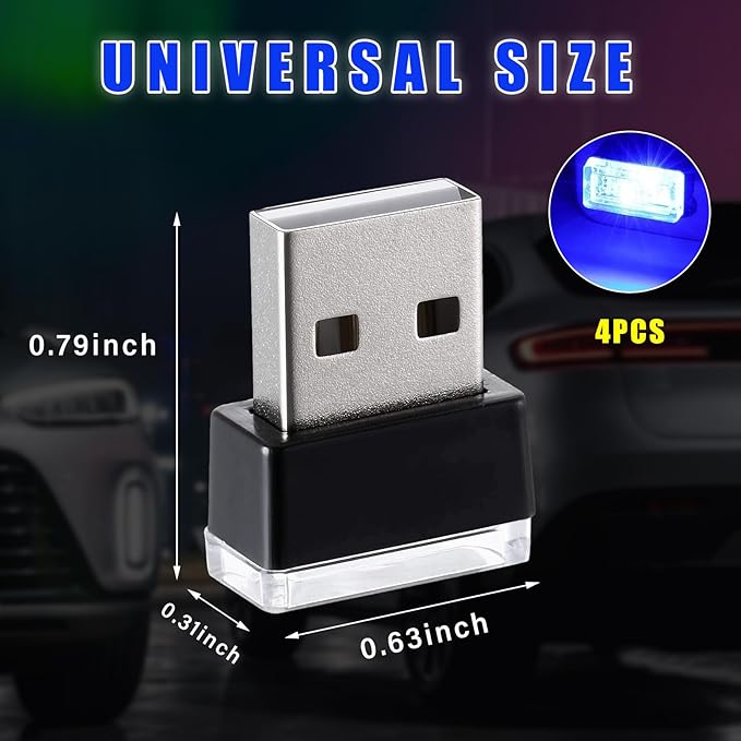 Augeny 4 PCS USB LED Car Interior Atmosphere Lamp, Plug-in USB Decor Night Light, Portable Auto Ambient Lighting Kit, Universal Vehicle Interior Accessories for Most Cars (Blue)