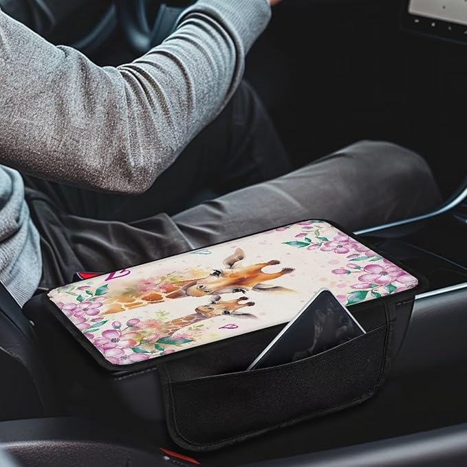 Giraffe Floral Print Car Armrest Cover Soft Auto Center Console Pad Lightweight Car Armrest Seat Box Cover Cushion Universal Fit for Most Cars Sedan Truck SUV