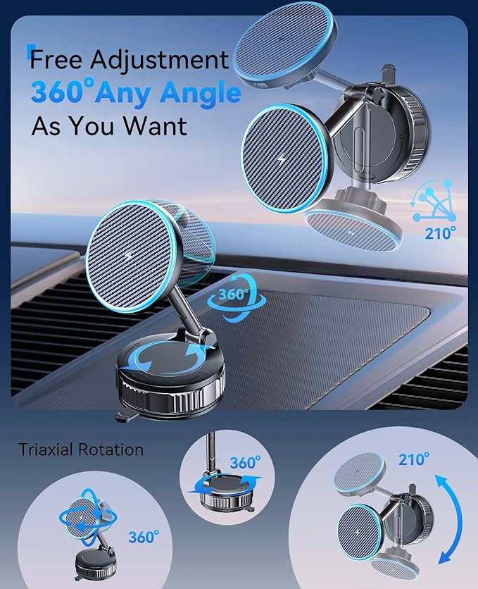 ILOUYU iPhone Car Mount Charger [15W Fast Wireless Charging, 120+ LB Strongest Suction & 2800gf Strongest Magnetic] 360° Adjustable Car Phone Holders for Your car, for iPhone 17 16 15 14 13 12 Series