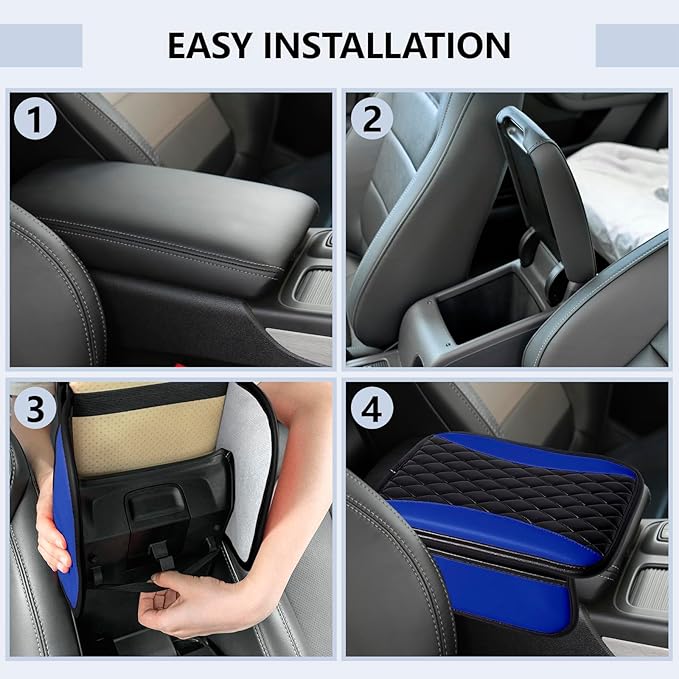 Leather Car Center Console Cover,Upgraded Center Console Cushion Pad with Side Pockets,Patchwork Arm Rest Cover for Car,Waterproof Armrest Seat Box Covers,Universal for Most Vehicles (Blue)