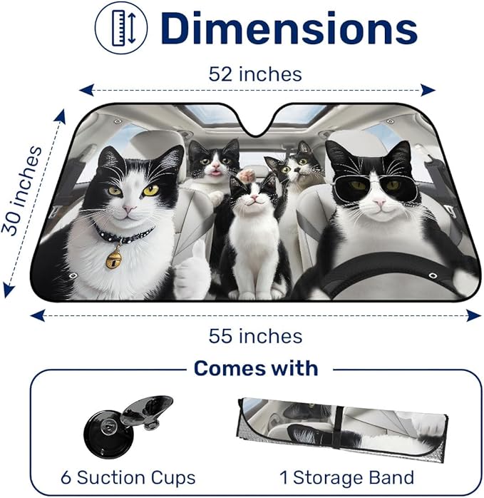 GENANY Tuxedo Cat Family Windshield Sun Shade for Car SUV Truck (55x30 inches), Sun Shade Windshield, Shades for Windows, Protector Blocks UV, Spring Car Decor