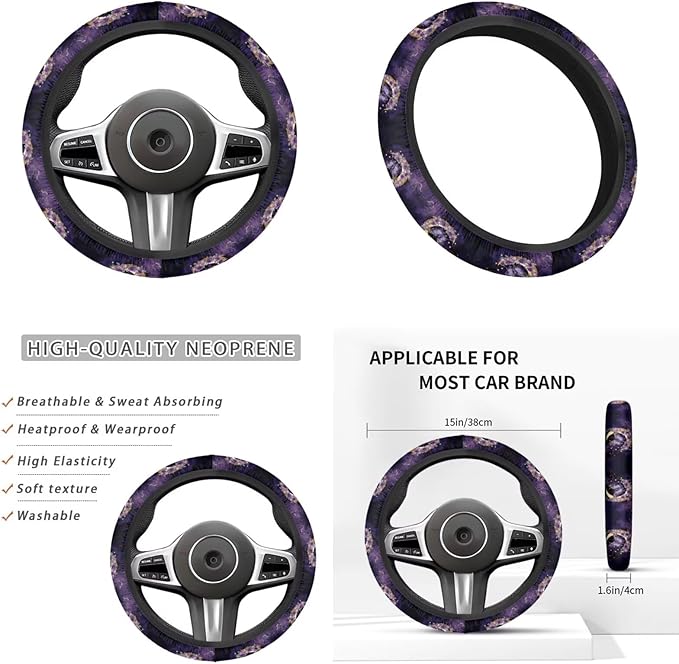 Purple Butterfly& Moon Car Accessories for Women Cute Steering Wheel Cover Car Handbrake Cover,Cup Mat 6 Pcs Cars Interior Decor Suit for Vans Truck SUV
