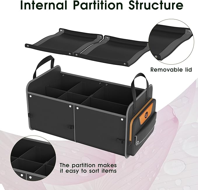 SugarFox Car Trunk Organizer for SUV, 70L Heavy Duty Waterproof Trunk Organizer, Foldable Vehicle Organizer with Anti-Slip Base, 24”x13.8”x11.8”, BLACK-M003