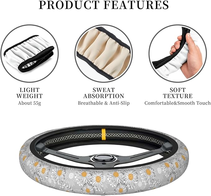 Floral Daisy Steering Wheel Cover Women Men Vintage Flower Elastic Stretch Soft Car Wheel Protector Universal Breathable No-Slip Car Accessories for Truck Van SUV Auto Fit 14-15 Inches