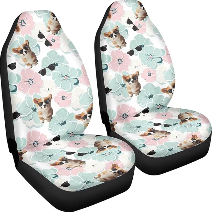 Funny Dog Flowers Car Seat Covers for Womens Mens Universal Auto Front Seats Protector Fits for Car,SUV,Van, Truck