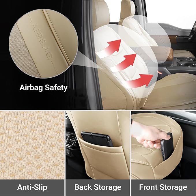 Coverland Custom Fit Car Seat Covers for Car Compatible with [Acura TL, BMW 5-Series, Kia Amanti] Premium Water Resistant Leather Non-Slip Interior Protector [Front Beige - Size Chart A14]