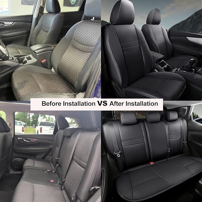 AOMSAZTO Custom Fit Seat Cover for Nissan Rogue Regular(Not for Hybrid &Sport) 2014 2015 2016 2017 2018 2019 2020 Full Set Faux Leather Rogue Seat Cover Protector Black
