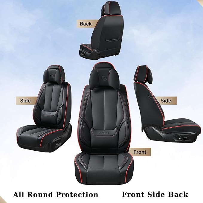 Coverado Universal Seat Covers Full Set, Universal Seat Covers for Cars, Waterproof Nappa Leather Car Seat Covers with Head Pillow, 5 Seats Auto Protectors Fit for Most Pick-up Truck, Black&Redline