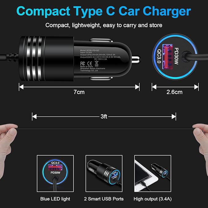 48W Super Fast Car Charger USB C Rapid Android Car Adapter with 30W Built-in Type C Fast Charging Cable for Samsung Galaxy S26 S25 S24 S23 Ultra S22 S21 S20 FE A16 A15 A14 A54 A53 A23 A13 Z Flip 7 6
