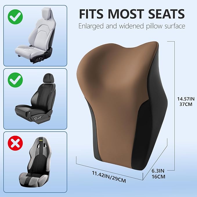 BABUR Car Headrest Pillow | Ergonomic Memory Foam Neck Shoulder Support Pillow with Adjustable Design & Enlarged Surface | Pain Relief for Driving Travel Sleeping | Brown 1 Pack