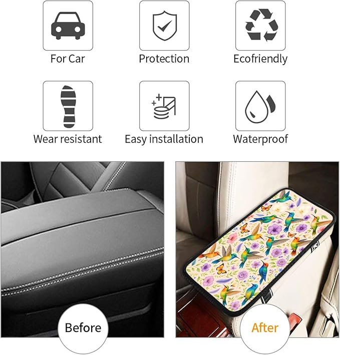 Hummingbird Floral Car Handrail Box Cushion Armrest Cover Auto Center Console Pad Car Decor 12.6X7.5 in