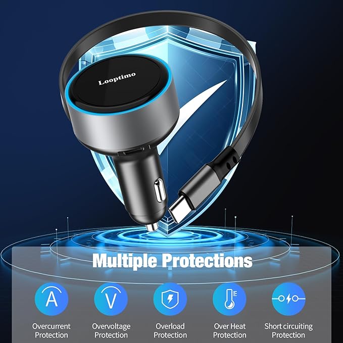 Retractable Car Charger USB C, 90W Phone Cigarette Lighter Adapter USB-C Fast Charging Plug Car Accessories for iPhone 17 16 15 Pro Max, iPad, Android, Built-in Type-C Cable, Gifts for Women Men