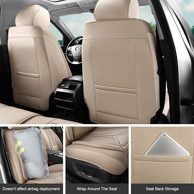Car Seat Covers Front Seats, Premium Leather Car Seat Covers, Waterproof and Breathable Seat Covers, Universal Car Seat Protector Fit for Cars, Trucks, SUVs, Pick-ups(Beige, 2 PCS Front Seat)