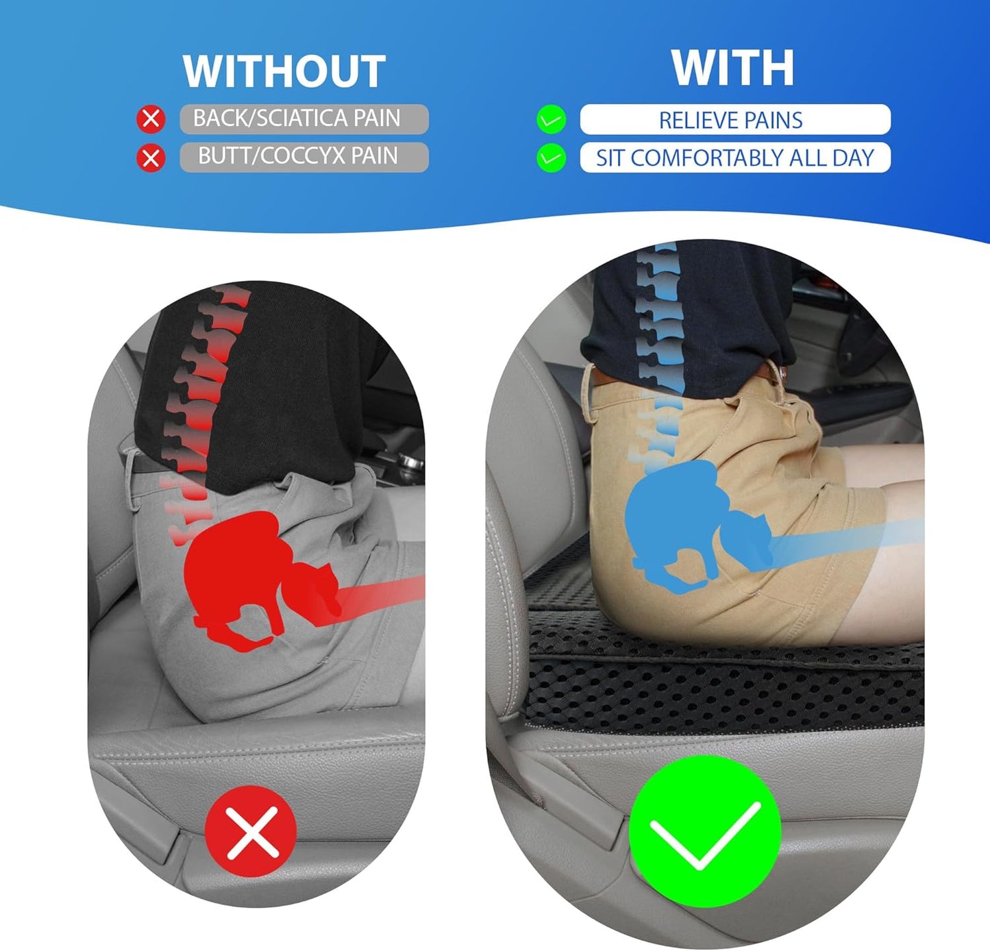 Car Seat Cushion, Comfortable Memory Foam Seat Pillow for Driving, Sciatica-Back Pain Relief, Cushion for Car-Truck, Office, Wheelchair - Mesh Black