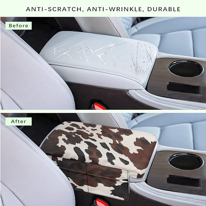 Dreaweet Brown Cow Print Center Console Cover Thick Arm Rest Cover for Car Women Cute Car Accessories Interior Comfy Anti Slip Middle Console Cushion Cover Pad with Pockets