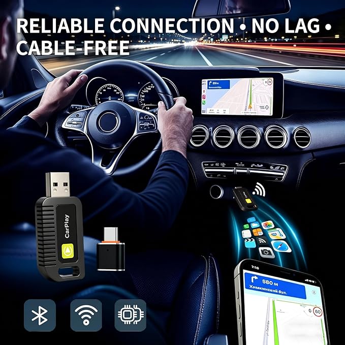 Wireless CarPlay Adapter for Apple iPhone Convert from Wired for Apple Carplay Wireless Adapter Automatic Connection,Plug & Play,No Screen Delay,Compatible with iOS 10+ Comes with USB-A/Type-C Port