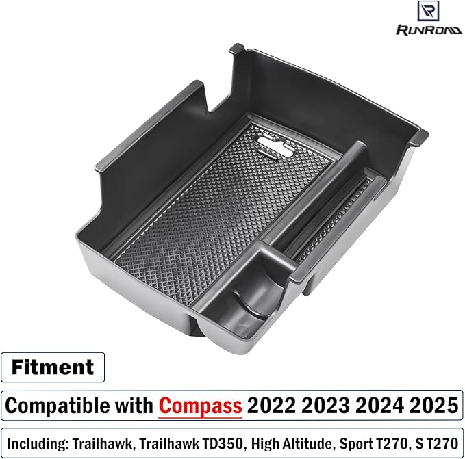 RUNROAD Center Console Organizer Tray Compatible with Jeep Compass 2022 2023 2024 2025 Accessories, Armrest Tray Secondary Storage Box Insert Console Organizer Card Container, Black (NOT For Ltd)